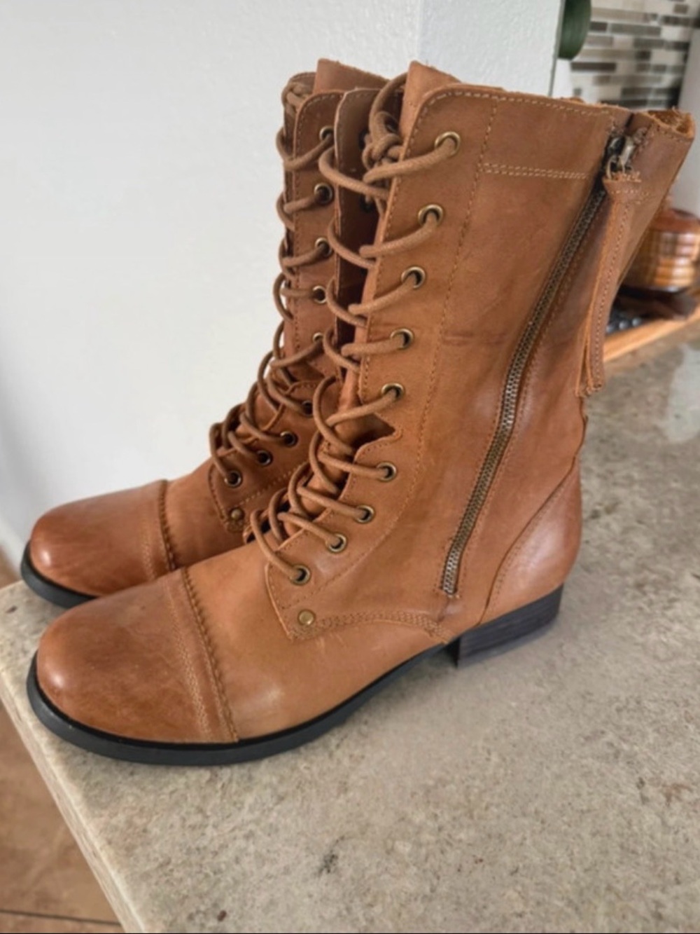Aldo Cognac Lace-Up Combat Boots with Side Zip